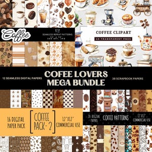 Paquete de imágenes prediseñadas y papel digital de café, patrones de café sin costuras, granos, arte latte, papel para álbumes de recortes y diarios basura, uso comercial