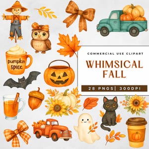 May include: Watercolor clipart set with a whimsical fall theme. Includes illustrations of pumpkins, a scarecrow, an owl, a black cat, a ghost, and fall leaves. The text "Whimsical Fall" is also included.