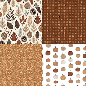 May include: A collection of four autumnal patterns. The top left displays leaves and pine cones in shades of brown and cream. The top right has a brown background with star-like shapes. The bottom left has a floral design, and the bottom right has pumpkins.