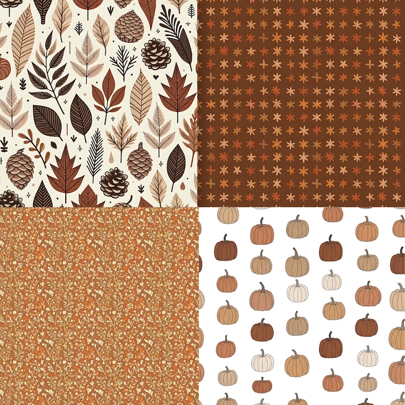 May include: A collection of four autumnal patterns. The top left displays leaves and pine cones in shades of brown and cream. The top right has a brown background with star-like shapes. The bottom left has a floral design, and the bottom right has pumpkins.