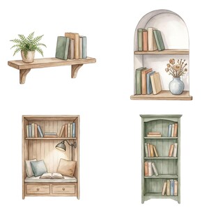 May include: Watercolor illustration of four different bookshelves. One is a floating shelf with books and a potted fern. Another is an arched shelf with books and a vase of flowers. The other two are freestanding bookshelves with books and a reading nook.