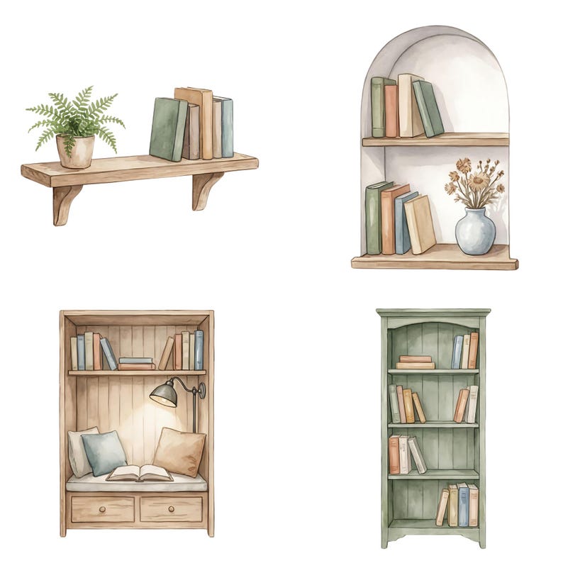 May include: Watercolor illustration of four different bookshelves. One is a floating shelf with books and a potted fern. Another is an arched shelf with books and a vase of flowers. The other two are freestanding bookshelves with books and a reading nook.