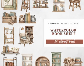Watercolor Bookshelf Clipart Bundle, Bookish Png Graphics For Books Lovers, Commercial Use