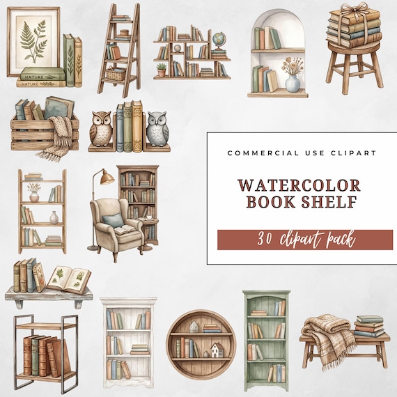 Watercolor Bookshelf Clipart Bundle, Bookish Png Graphics For Books Lovers, Commercial Use