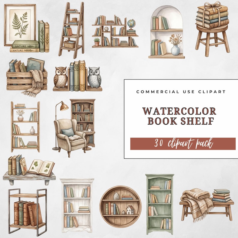 May include: Watercolor clipart featuring various bookshelves, ladders, and stacks of books. The image includes a framed fern print, a wooden crate with a blanket, and a cozy armchair with a reading lamp. The text reads "Watercolor Book Shelf 30 clipart pack."