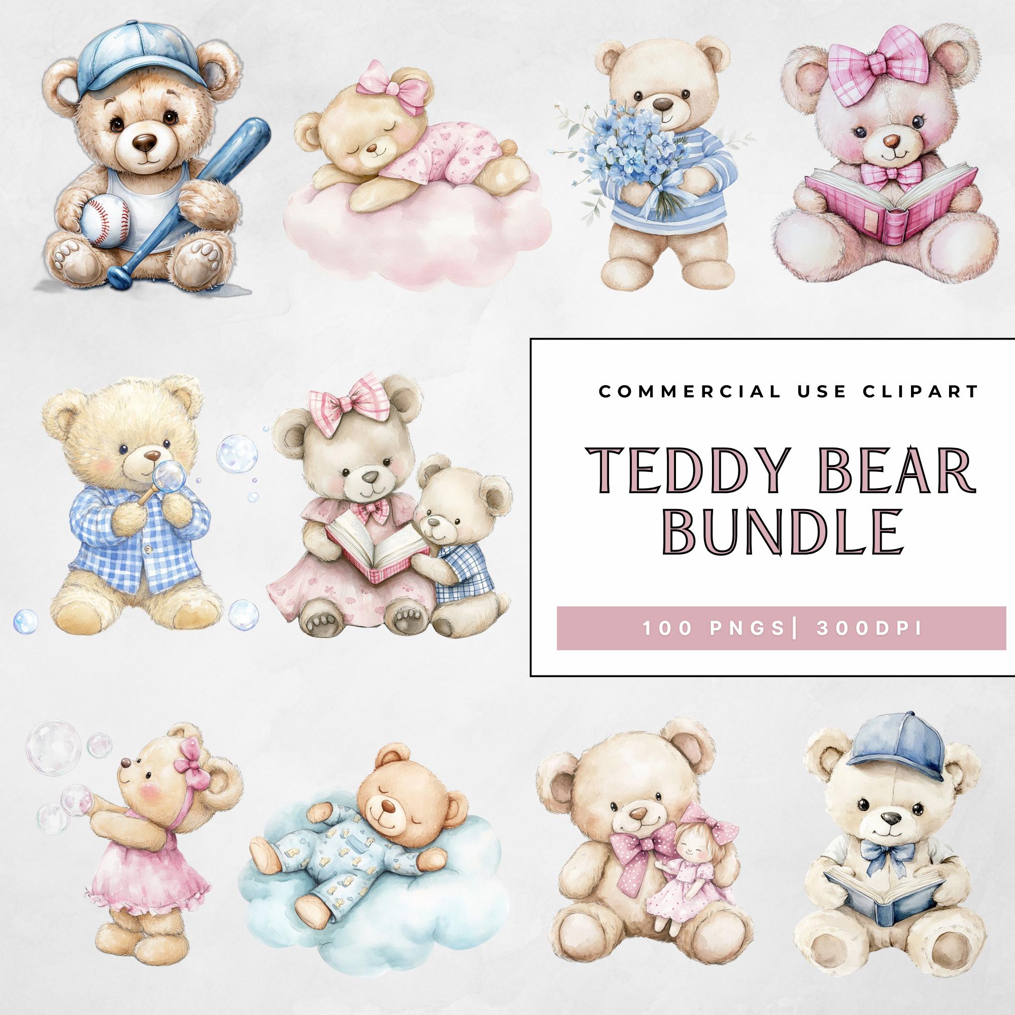 Teddy Bear Clipart PNG Bundle, Baby Shower Nursery Bears, Watercolor ...