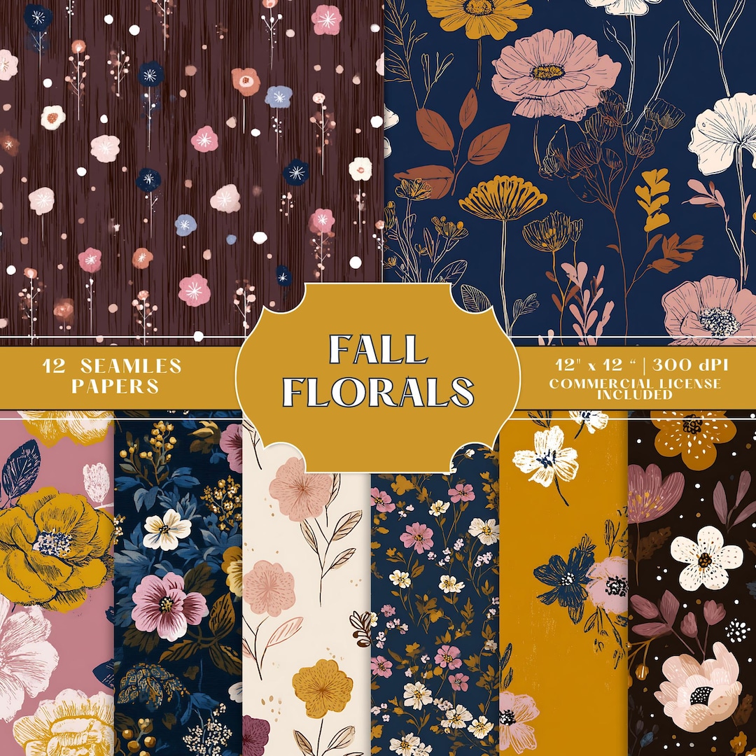 Seamless Fall Flowers Paper Pack, Autumn Digital Paper, Flower Pattern ...