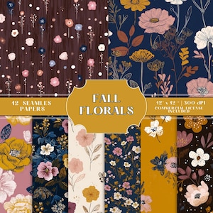 May include: A selection of 12 seamless floral papers with a fall theme. The designs showcase diverse flowers in pink, yellow, blue, and brown hues. The text "FALL FLORALS" is on a gold label. The papers are 30.48 cm x 30.48 cm.
