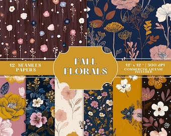 Seamless Fall Flowers Paper Pack, Autumn Digital Paper, Flower Pattern Scrapbooking Backgrounds,  Commercial Use