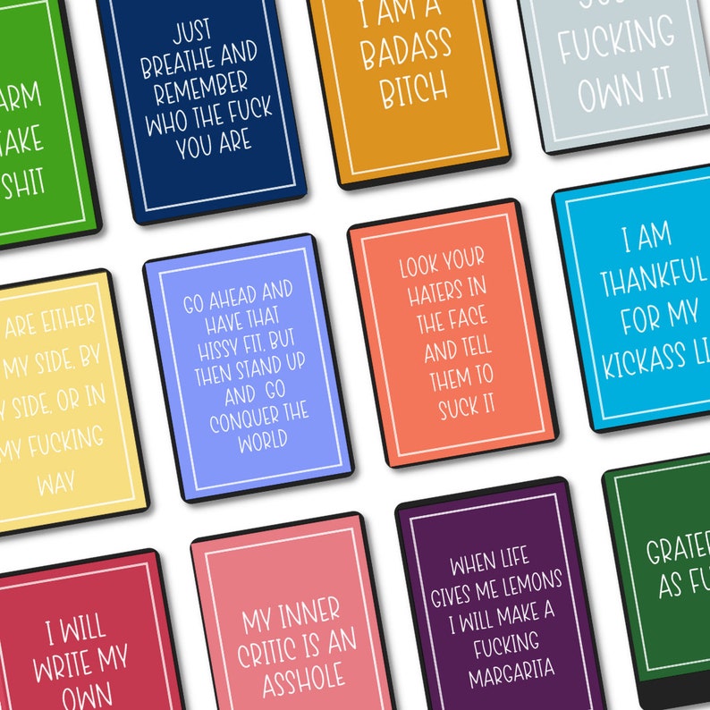 Baraja de cartas de afirmaciones con groserías, 36 frases divertidas y geniales para mujeres, tarjetas de motivación para el autocuidado y la positividad (PDF imprimible) imagen 3