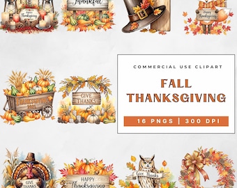 May include: A collection of fall-themed clipart images. The images include pumpkins, autumn leaves, lanterns, a pilgrim hat, a fox, a turkey, an owl, and a wreath. Text includes "Thankful", "Give Thanks", and "Happy Thanksgiving".