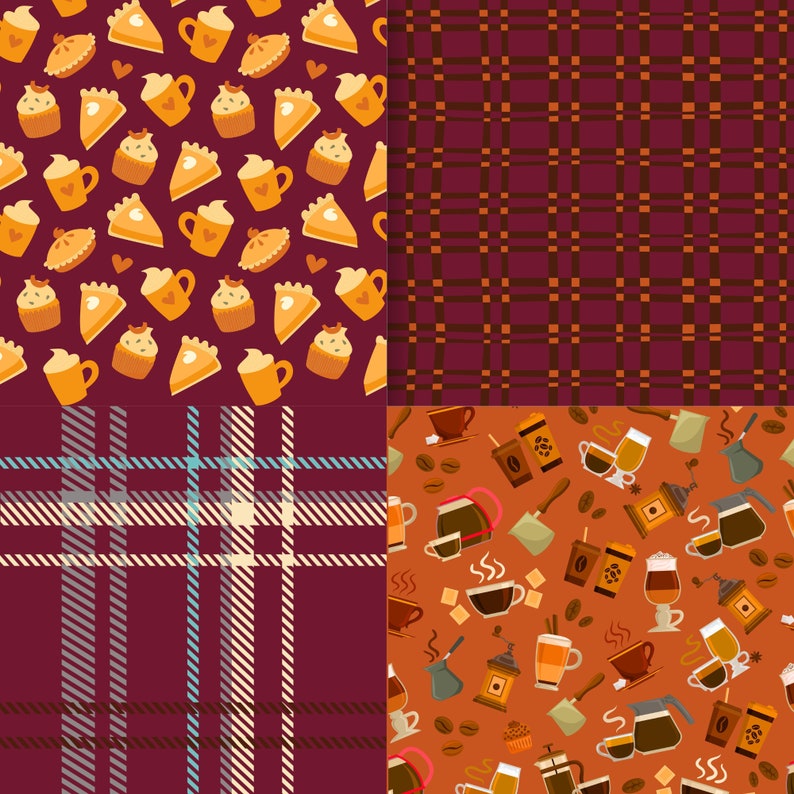 May include: A digital collage of four different patterns. The top left pattern is a repeating pattern of coffee mugs, cupcakes, and pumpkin pies on a burgundy background. The top right pattern is a burgundy and orange plaid pattern. The bottom left pattern is a burgundy plaid pattern with blue and white stripes. The bottom right pattern is a repeating pattern of coffee beans, coffee mugs, and coffee makers on an orange background.
