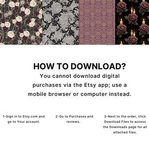 May include: A digital download image featuring various patterned designs. The image includes floral and damask patterns in shades of black, gray, purple, and white. Text provides instructions on how to download digital purchases from Etsy.