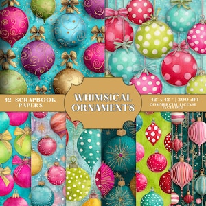 Puede incluir: Un conjunto de papeles de scrapbook digitales con adornos caprichosos y coloridos. Los adornos son de varios colores, incluyendo rosa, verde, azul y dorado, con lunares y acentos decorativos. Se muestra el texto "Whimsical Ornaments".