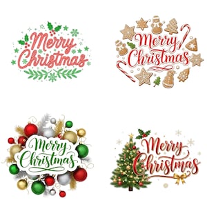 May include: Four Christmas-themed designs. One features "Merry Christmas" in red script with green accents. Another showcases gingerbread biscuits and candy canes. The third displays baubles, and the last shows a decorated Christmas tree with the text "Merry Christmas".