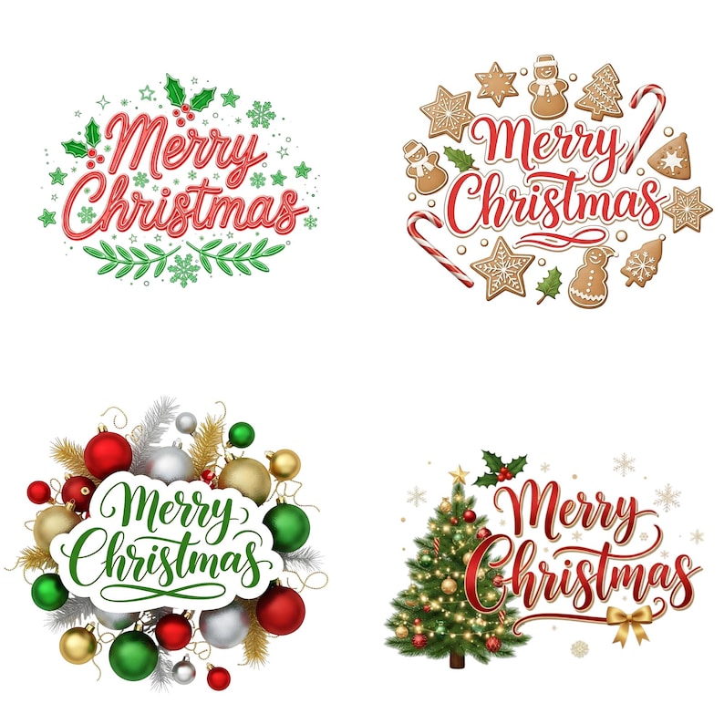 May include: Four Christmas-themed designs. One features "Merry Christmas" in red script with green accents. Another showcases gingerbread biscuits and candy canes. The third displays baubles, and the last shows a decorated Christmas tree with the text "Merry Christmas".