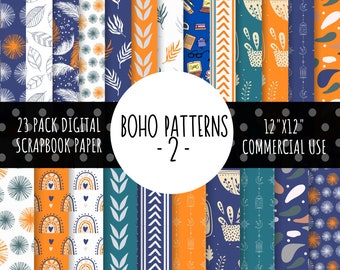Boho Pattern Digital Paper Pack, Abstract Boho, Boho Background, Doodle Paper, Digital Scrapbook Paper Kit, Commercial Use,  12x12 300 DPI