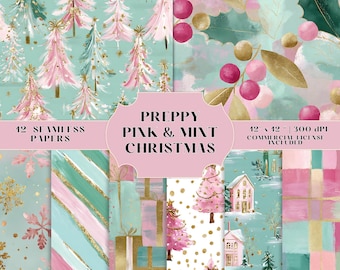 Preppy Pink & Mint Christmas Digital Paper Bundle, 12 Seamless Holiday Backgrounds, Pastel Christmas Scrapbook Paper, Commercial Use
