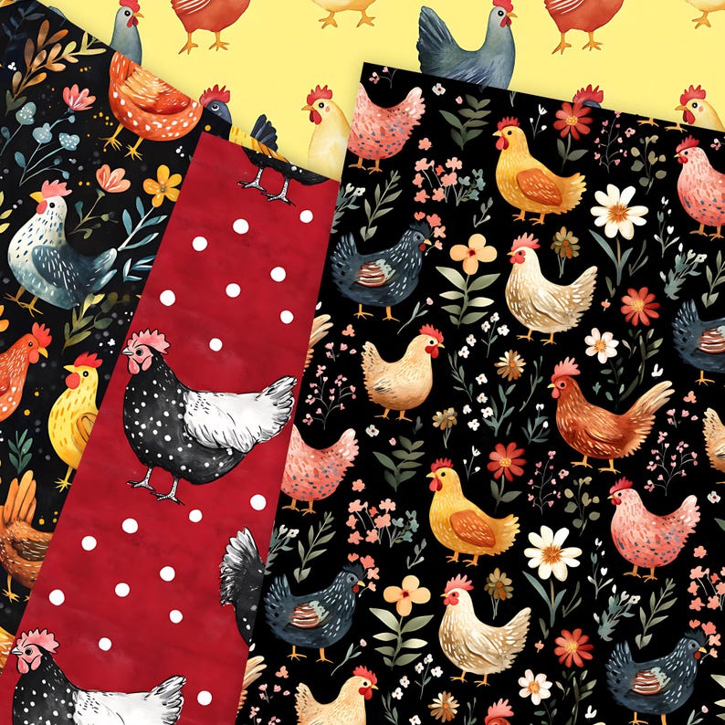 Chicken Pattern Seamless Digital Paper, Farm Roosters Pattern ...