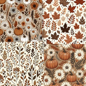 May include: Four seamless patterns with autumnal designs. One shows pumpkins and daisies, another maple leaves, and the others feature floral and botanical designs in brown, white, and orange. Ideal for autumn-themed crafts.