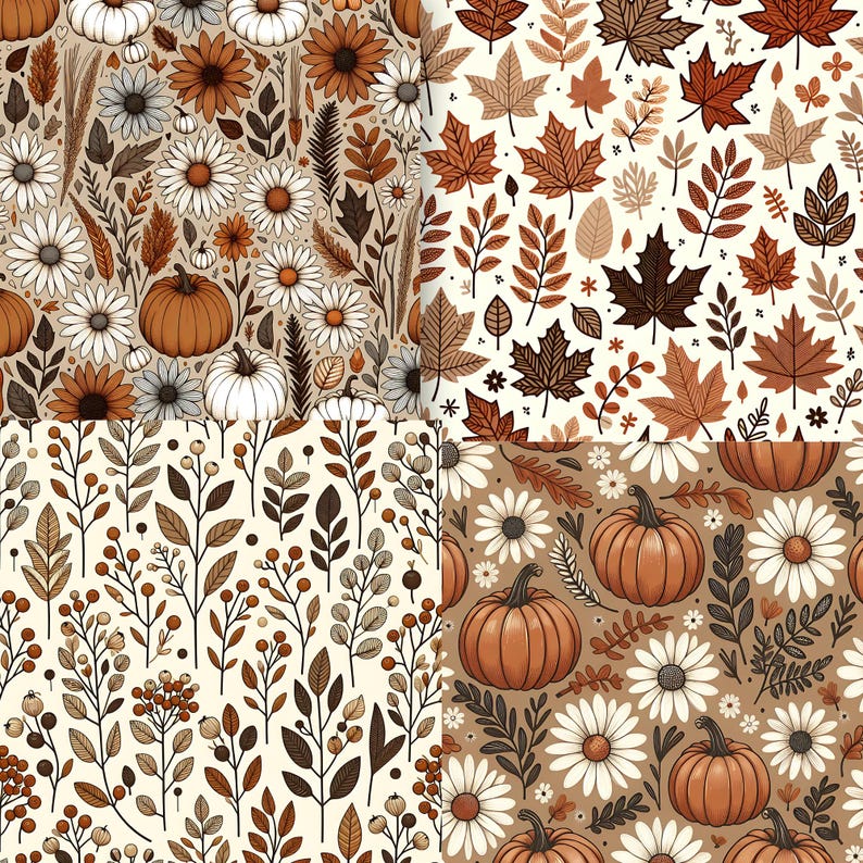 May include: Four seamless patterns with autumnal designs. One shows pumpkins and daisies, another maple leaves, and the others feature floral and botanical designs in brown, white, and orange. Ideal for autumn-themed crafts.