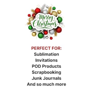 May include: A Christmas-themed design with a collection of baubles in red, green, silver, and gold, and the words "Merry Christmas" in a cursive font. Ideal for sublimation, invitations, POD products, scrapbooking, and junk journals.