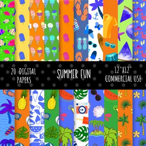 May include: 20 digital papers with summer themes. The papers feature various summer-themed patterns, including ice cream cones, watermelon slices, palm trees, pineapples, sunglasses, flip flops, and seashells. The papers are 12 inches by 12 inches and are for commercial use.