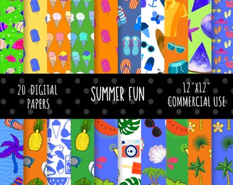 Summer Digital Paper, Summer Fun Paper, Summer Scrapbook Paper, Commercial Use, 20, 12x12