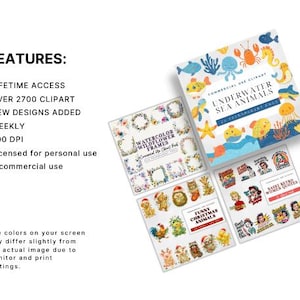 以下が含まれることがあります： 「Underwater Sea Animals」、「Watercolor Wildflower Frames」、「Funny Christmas Animals」、「Sassy Retro Women Quotes」など、デジタルクリップアートセットのコレクション。画像には、生涯アクセスや2700以上のクリップアートなどの機能も記載されています。