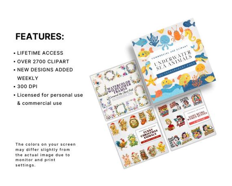 以下が含まれることがあります： 「Underwater Sea Animals」、「Watercolor Wildflower Frames」、「Funny Christmas Animals」、「Sassy Retro Women Quotes」など、デジタルクリップアートセットのコレクション。画像には、生涯アクセスや2700以上のクリップアートなどの機能も記載されています。