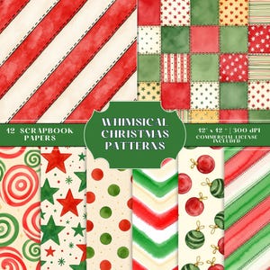 Könnte beinhalten: Eine Sammlung von 12 Scrapbook-Papieren mit skurrilen Weihnachtsmustern. Die Designs umfassen rot-weiße Streifen, Patchwork-Quadrate, Sterne, Ornamente und Aquarellwirbel. Der Text auf dem Bild lautet "Whimsical Christmas Patterns".