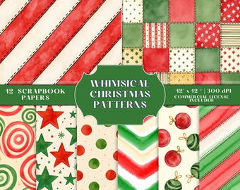 Whimsical Christmas  Digital Paper Pack, Vibrant Holiday Scrapbook Backgrounds, Xmas Patterns, Commercial Use