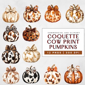 May include: Watercolor illustration of twelve pumpkins with cow print patterns and decorative bows. The pumpkins are in various colors, including white, brown, orange, and black. The image includes the text "Coquette Cow Print Pumpkins".
