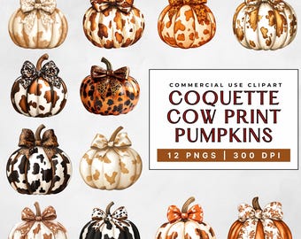 Coquette Cow Print Pumpkin Clipart: Autumn PNG Bundle (Commercial Use