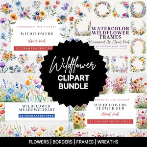 Pacote de clipart de flores silvestres em aquarela, borda floral de prado botânico de primavera PNG, molduras de flores de verão, gráficos de guirlandas, uso comercial