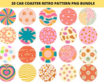 20 Retro Pattern Car Coaster Sublimation PNG Designs, Round Png Sublimation Designs, Groovt Car Coaster Png, Sublimation Pattern Bundle