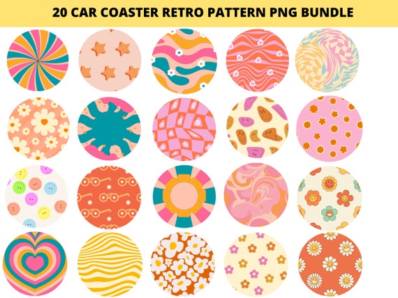 20 Retro Pattern Car Coaster Sublimation PNG Designs, Round Png Sublimation Designs, Groovt Car Coaster Png, Sublimation Pattern Bundle