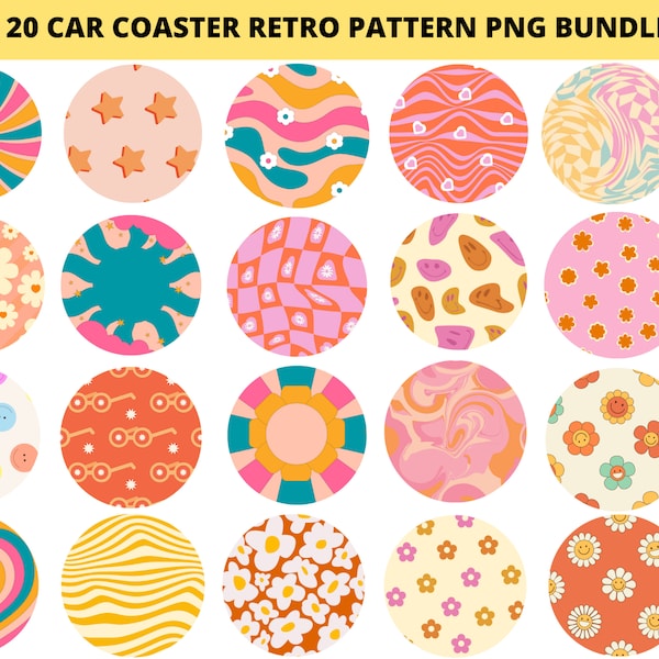 20 Retro Pattern Car Coaster Sublimation PNG Designs, Round Png Sublimation Designs, Groovt Car Coaster Png, Sublimation Pattern Bundle