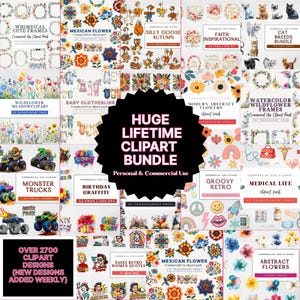 Peut inclure: Un ensemble de cliparts numériques avec des motifs floraux, des cadres fantaisistes, des camions monstres et des graphismes rétro. L'image contient le texte "HUGE LIFETIME CLIPART BUNDLE" et "OVER 2700 CLIPART DESIGNS (NEW DESIGNS ADDED WEEKLY)".