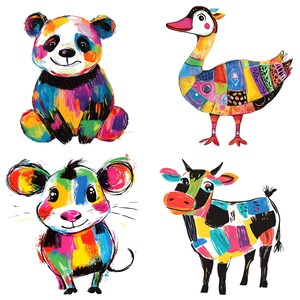 Puede incluir: Una ilustraci&oacute;n colorida de un panda, un ganso, un rat&oacute;n y una vaca. Cada animal est&aacute; pintado en un mosaico vibrante de colores, creando un dise&ntilde;o juguet&oacute;n y fant&aacute;stico.