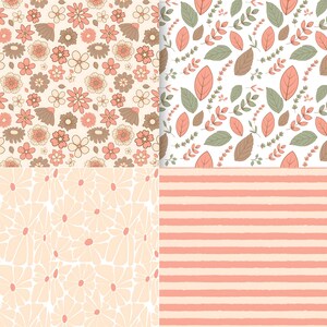 May include: Four seamless patterns in a peach and cream color scheme. The top left pattern features a variety of floral designs. The top right pattern features leaves and branches. The bottom left pattern features a repeating floral design. The bottom right pattern features horizontal stripes.