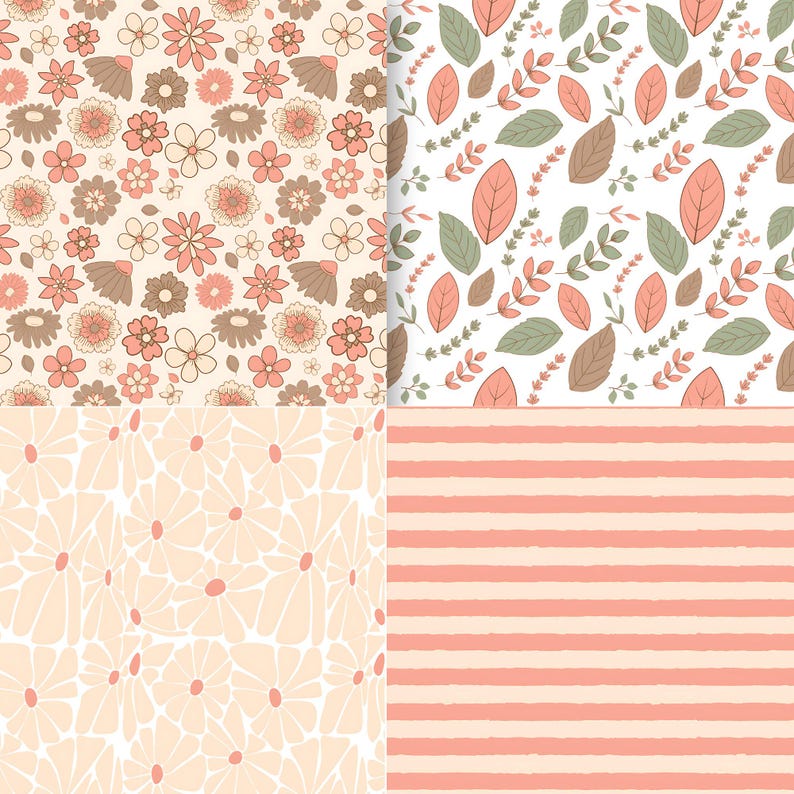 May include: Four seamless patterns in a peach and cream color scheme. The top left pattern features a variety of floral designs. The top right pattern features leaves and branches. The bottom left pattern features a repeating floral design. The bottom right pattern features horizontal stripes.