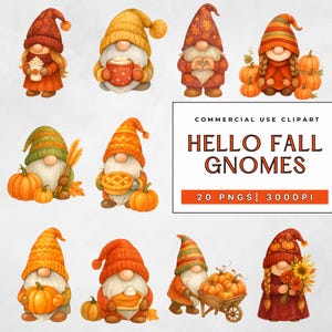 Puede incluir: Ilustraciones en acuarela de gnomos otoñales. Cada gnomo lleva un sombrero y sostiene objetos como calabazas, tartas y café. El texto "HELLO FALL GNOMES" se muestra en el centro de la imagen.