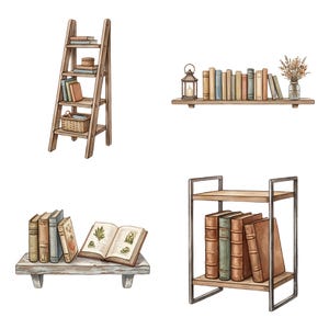 May include: Watercolor illustrations of bookshelves and a ladder shelf. One shelf holds a lantern and books, another has an open book with botanical illustrations, and the last has a metal frame. The ladder shelf has books and a basket.
