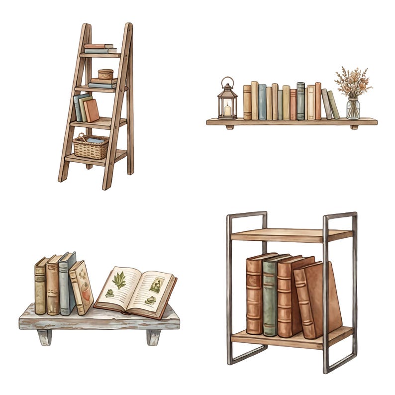 May include: Watercolor illustrations of bookshelves and a ladder shelf. One shelf holds a lantern and books, another has an open book with botanical illustrations, and the last has a metal frame. The ladder shelf has books and a basket.