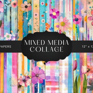 Papel digital floral abstracto de técnica mixta, fondos de flores y rayas, collage vibrante para imprimir en álbum de recortes, uso comercial