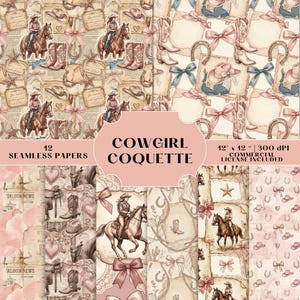 Könnte beinhalten: Eine Sammlung von 12 nahtlosen Papieren mit Cowgirl-Motiven. Die Designs zeigen Illustrationen von Cowgirls auf Pferden, Cowboy-Stiefeln, Hüten, Hufeisen und Schleifen in Rosa-, Beige- und Brauntönen. Der Text "COWGIRL COQUETTE" ist zu sehen.