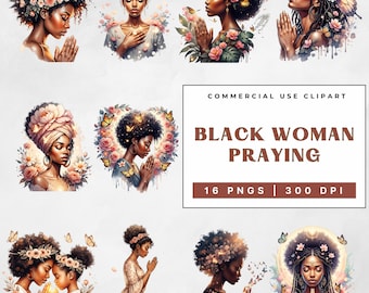 Praying Black Woman Clipart Bundle, 16 Black Girl Christian African American Art,  Commercial Use