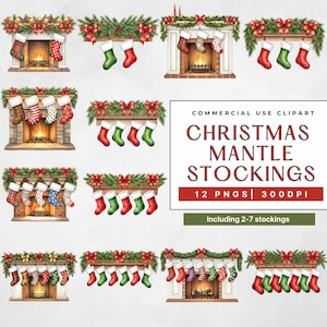 Könnte beinhalten: Eine Sammlung von Aquarellillustrationen mit Weihnachtskamin-Strümpfen. Die Bilder zeigen verschiedene Kamindesigns, die mit festlichem Grün, roten Schleifen und Strümpfen in verschiedenen Mustern und Farben geschmückt sind. Der Text lautet "Christmas Mantle Stockings".