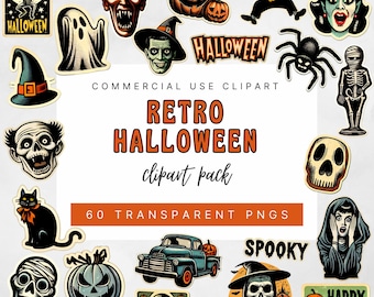 Retro Halloween Clipart: Upiorne grafiki PNG do scrapbookingu (do użytku komercyjnego, do pobrania cyfrowego)